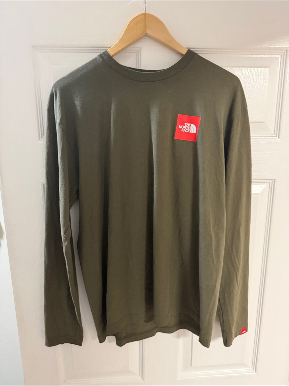 The North Face Olive Green Long Sleeve Logo Tee with Red Patch
